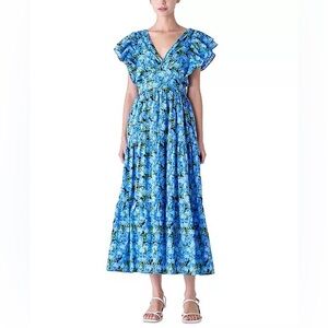 English factory Women's Floral-Print Tiered Flutter-Sleeve Dress